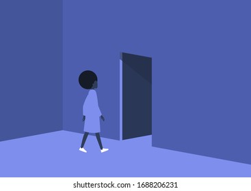 Young black female character leaving the room, exit