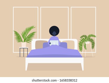 Young black female character lying in bed with computer, bedroom interior, millennial lifestyle