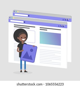 Young black female character making a content for the lifestyle media. Webpage layout. Front end developer. Technology. Flat editable vector illustration, clip art