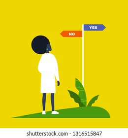 Young black female character making a decision. Navigating signpost showing the opposite directions. Yes No alternatives. Flat editable vector illustration, clip art