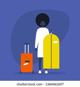 Young black female character packing her clothes. Suitcase and suit cover. Luggage. Travel. Flat editable vector illustration, clip art