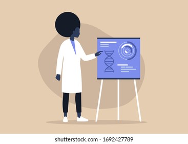 Young black female character pointing on a flip chart, biotech startup, new technologies