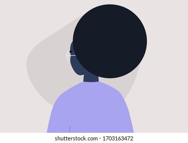 Young black female character portrait, 3/4 back view, millennial lifestyle, flat vector graphics
