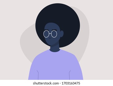 Young black female character portrait, 3/4 front view, millennial lifestyle, flat vector graphics