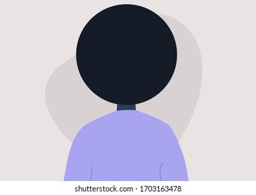 Young black female character portrait, back view, millennial lifestyle, flat vector graphics
