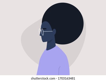 Young black female character portrait, profile view, millennial lifestyle, flat vector graphics