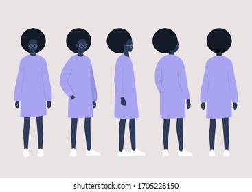 Young Black Female Character Poses Collection: Front, Side And Back Views