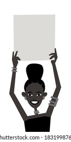 Young Black Female Character with Poster. Cartoon Style People and Black Lives Matter Protest Board. Isolated Girl and banner. Flat Illustration African American Woman Face. Hand Drawn Vector Drawing 