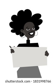 Young Black Female Character with Poster. Cartoon Style People and Black Lives Matter Protest Board. Isolated Girl and banner. Flat Illustration African American Woman Face. Hand Drawn Vector Drawing 