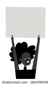 Young Black Female Character with Poster. Cartoon Style People and Black Lives Matter Protest Board. Isolated Girl and banner. Flat Illustration African American Woman Face. Hand Drawn Vector Drawing 