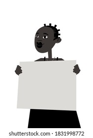 Young Black Female Character with Poster. Cartoon Style People and Black Lives Matter Protest Board. Isolated Girl and banner. Flat Illustration African American Woman Face. Hand Drawn Vector Drawing 