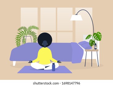 Young black female character practising yoga and meditation at home, mindfulness, modern millenial lifestyle 