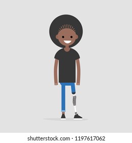 Young black female character with prosthetic lower limb. Modern disabled people. Lifestyle. New technologies. Flat editable vector illustration, clip art
