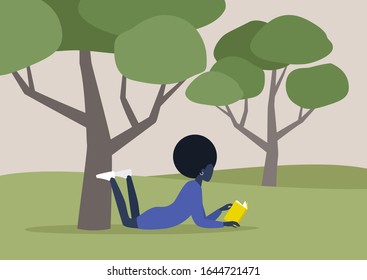 Young black female character reading a book under the tree, summer recreation, outdoor, forest or park landscape