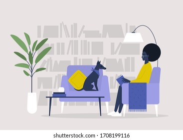 Young black female character reading a book in a home library, lifestyle illustration