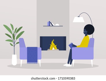 Young black female character reading in the living room next to a fireplace, cozy interior