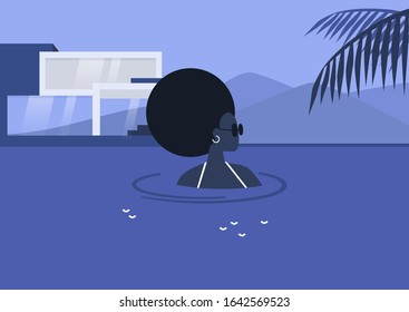 Young black female character refreshing in a swimming pool, hot summer days recreation, luxurious private swimming pool, beautiful modern villa