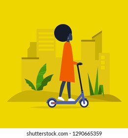 Young black female character riding an electric scooter. Urban  transportation. Modern technologies. Millennial lifestyle. Active young adults. Flat editable vector illustration, clip art