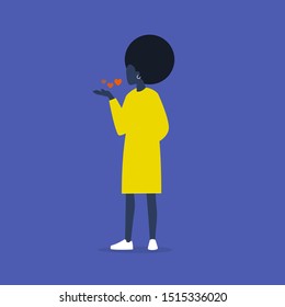 Young black female character sending a blown kiss. Emotions. Dating. Lovers. Flat editable vector illustration, clip art