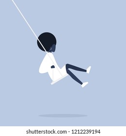 Young black female character sitting on a swing. Modern lifestyle. Having fun. Flat editable vector illustration, clip art