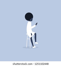 Young black female character sitting on the bar stool and holding a smartphone. Millennial lifestyle. Social media. Flat editable vector illustration, clip art