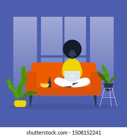 Young black female character sitting on sofa and watching TV series on a laptop. Snacks and beer. Leisure. Weekend activities. Chill. Flat editable vector illustration, clip art svg