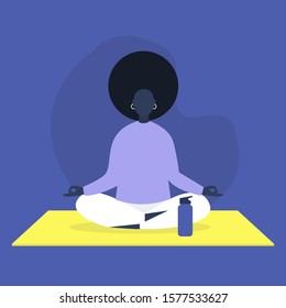 Young black female character sitting in a lotus position, relaxation and meditation, yoga studio