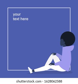 Young black female character sitting inside a frame, your text here, design template