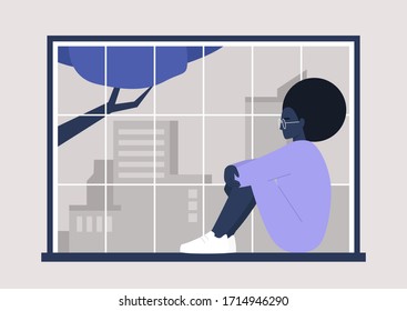 Young black female character sitting at the window,  big city panorama, millennial lifestyle