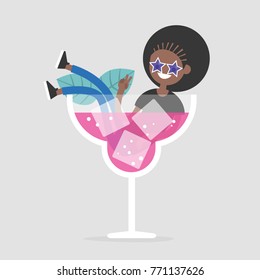 Young black female character sitting in a huge glass with a cocktail. Night life concept. Flat editable vector illustration, clip art