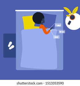 Young black female character sleeping in a gueen bed. Smart watch sleep control. Gadgets. Top view. Interior design. Flat editable vector illustration, clip art