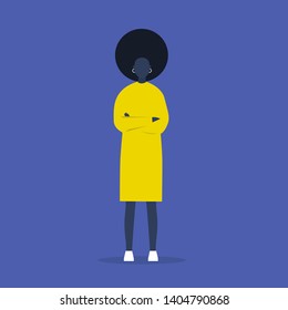Young black female character standing with arms crossed. Body language. Passive aggressive behaviour. Dissatisfied. Emotions and gestures. Flat editable vector illustration, clip art