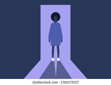 Young black female character standing in a doorway, light and shadow contrast, spectacular appearance, confidence