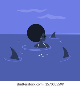 Young black female character surrounded by shark fins swimming in the ocean, risk and stress in modern life