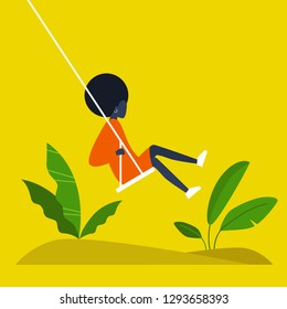 Young black female character swinging on a swing. Modern lifestyle. Summer. Having fun. Flat editable vector illustration, clip art