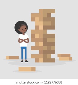 Young black female character taking turn removing a block from a tower constructed of wooden bricks. Strategic thinking. Flat editable vector illustration, clip art