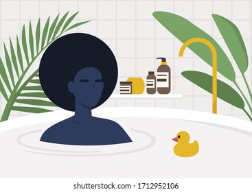 Young black female character taking a bath, modern lifestyle, boho chic interior with plants and cosmetics
