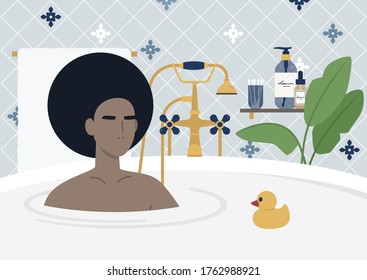 Young black female character taking a bath, beautiful vintage furniture, golden old fashion faucet, tropical plants, skin care products, modern luxury lifestyle