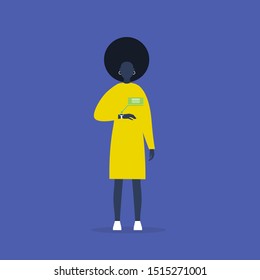 Young black female character using a smartwatch. New technologies. Millennial lifestyle. Flat editable vector illustration, clip art