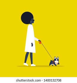 Young black female character walking with a dog on a leash. Recreation. Outdoor. Modern lifestyle. Flat editable vector illustration, clip art