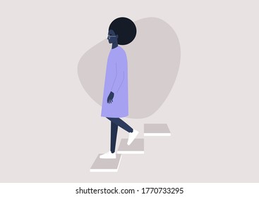 Young black female character walking down the stairs, building entrance, daily routine