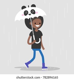 Young black female character walking under an umbrella with a panda muzzle. Spring showers. Flat editable vector illustration, clip art