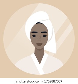 Young black female character wearing a towel wrapped at the side of their head, daily body care routine