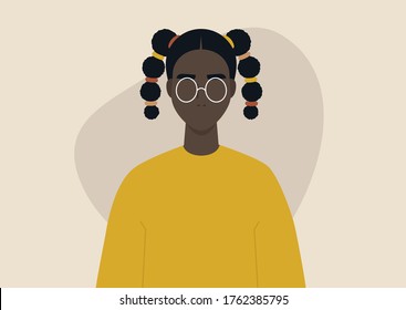 A young black female character wearing two braids, a teenage hairstyle