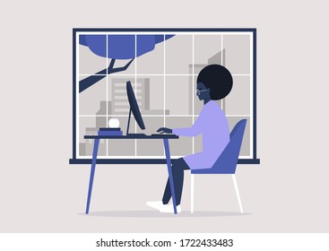 Young black female character working in the office, window cityscape view, millennials at work