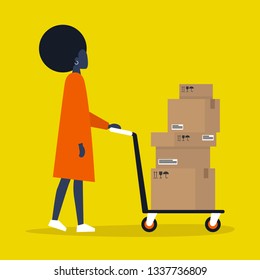 Young black female courier rolling a pushcart. Cargo. Delivery service. Flat editable vector illustration, clip art