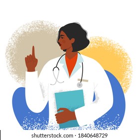 Young Black Female Doctor Holding A Tablet And Showing An Attention Gesture. Woman In A White Uniform. General Practitioner, Nurse. Isolated Flat Vector Illustration On A Colorful Abstract Background