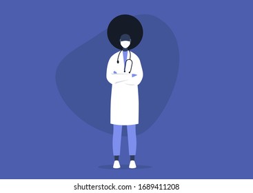 Young black female doctor standing with crossed arms, professional help, medical uniform, health care concept