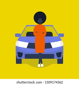 Young black female driver standing in front of a SUV car. Millennial lifestyle. Road trip. Flat editable vector illustration, clip art