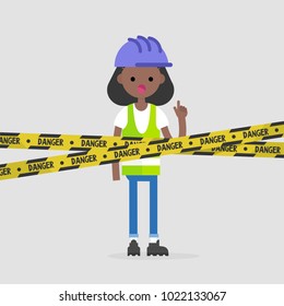 Young black female engineer wearing a hard hat and a reflecting vest. Caution. Danger yellow tape. Industrial illustration. Flat vector illustration, clip art. 